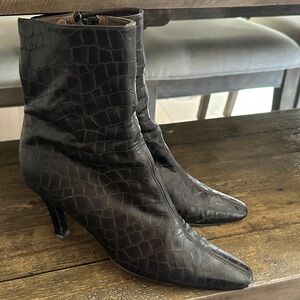 Stuart Weitzman Dark Brown Croc-Embossed Heeled Boots